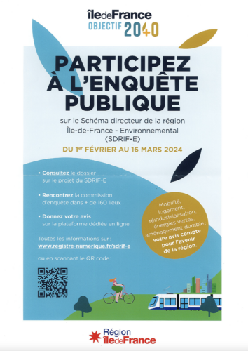 Avis d’enquête publique relative au projet de Schéma Directeur de la région Île-de-France – Environnemental (SDRIF-E)